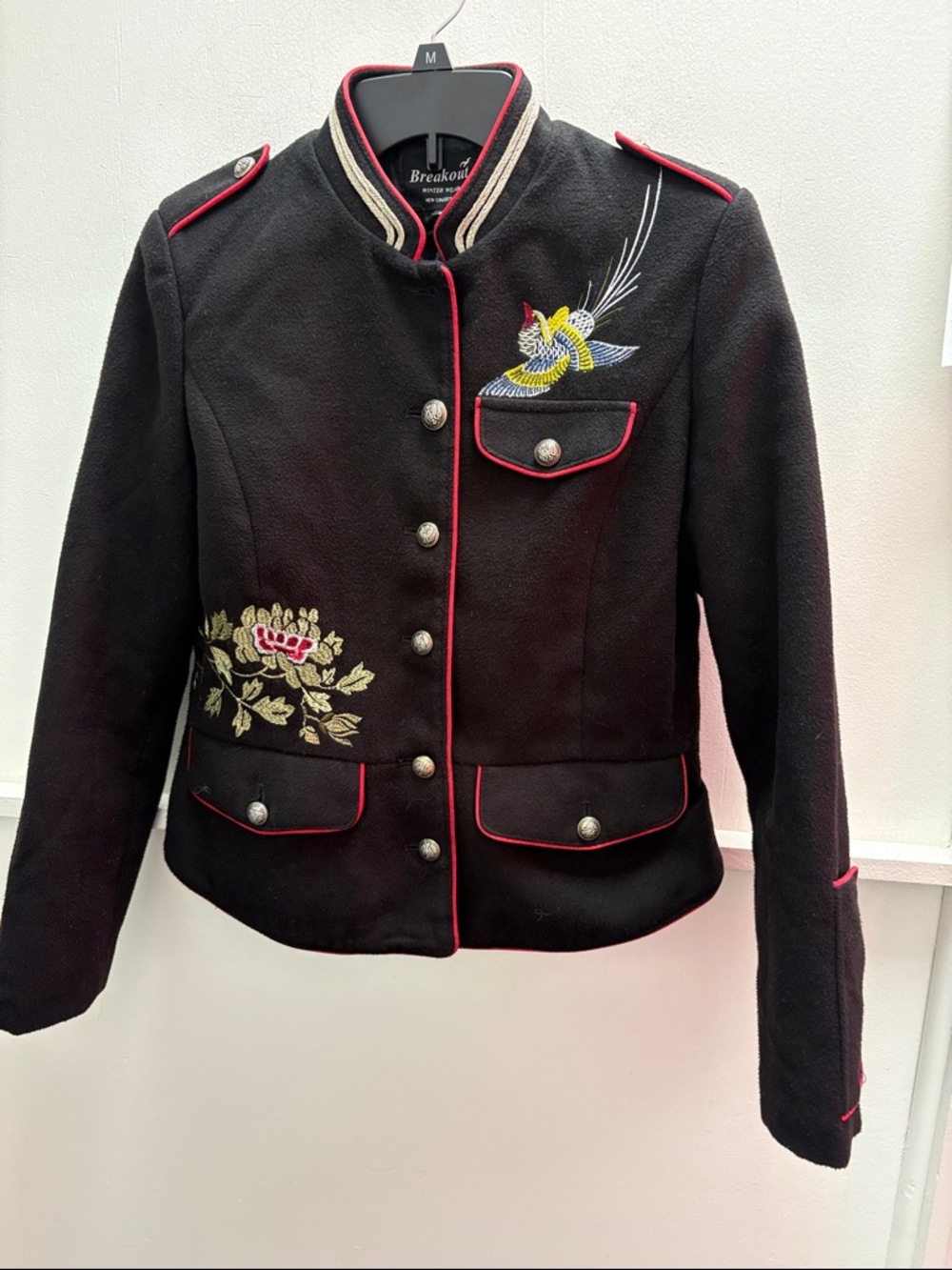 Black Embroidered Military-Style Jacket with Red Trim